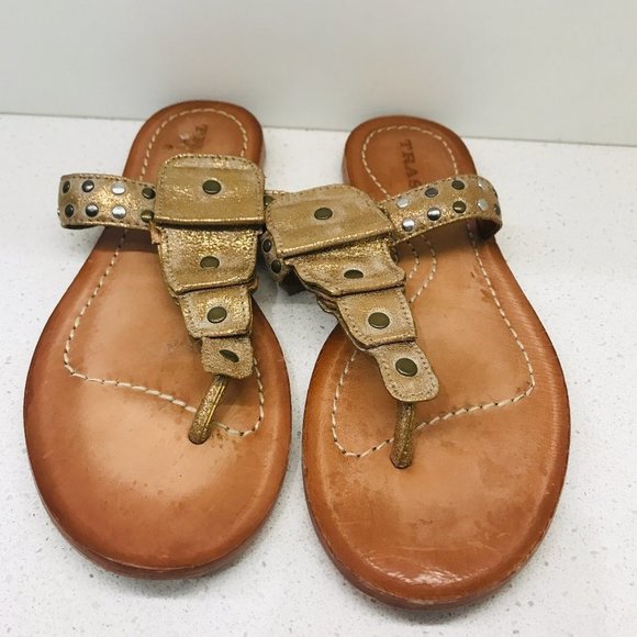 TRASK Tan Leather Sandals Thong Crackle Bronze Studded Cascade Padded Sz 7 - Picture 5 of 16